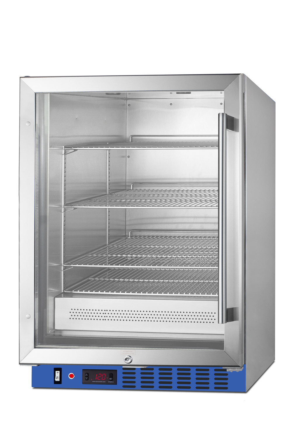 Undercounter single chamber passive heating blanket warmer with glass door, stainless steel interior and exterior, digital thermostat, and lock